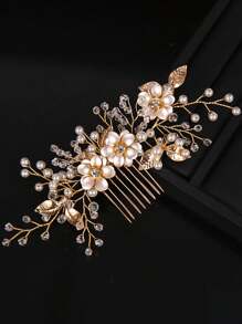 1 件手工金色合金和人造珍珠花新娘发梳头饰适用于婚礼、派对、新娘礼服万圣节 - 金色 - 查看 6