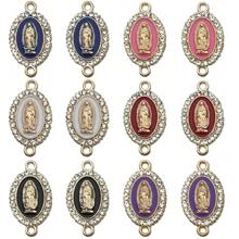 12/24 peças Liga Esmalte Virgem Maria Charms Mix Color Esmalte Incrustação Strass Nossa Senhora Link Medalha Floral Peça Central Conexão Para Fazer Joias