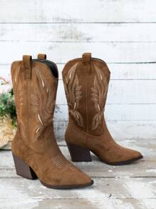 Women's Retro V-Cut Pointed Toe Thick Heel Mid-Calf Embroidered Western Boots, Wear With Hoodie, Outdoor Slip-On Fashion, Match With Sweater