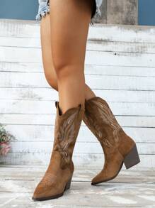 Women's Retro V-Cut Pointed Toe Thick Heel Mid-Calf Embroidered Western Boots, Wear With Hoodie, Outdoor Slip-On Fashion, Match With Sweater