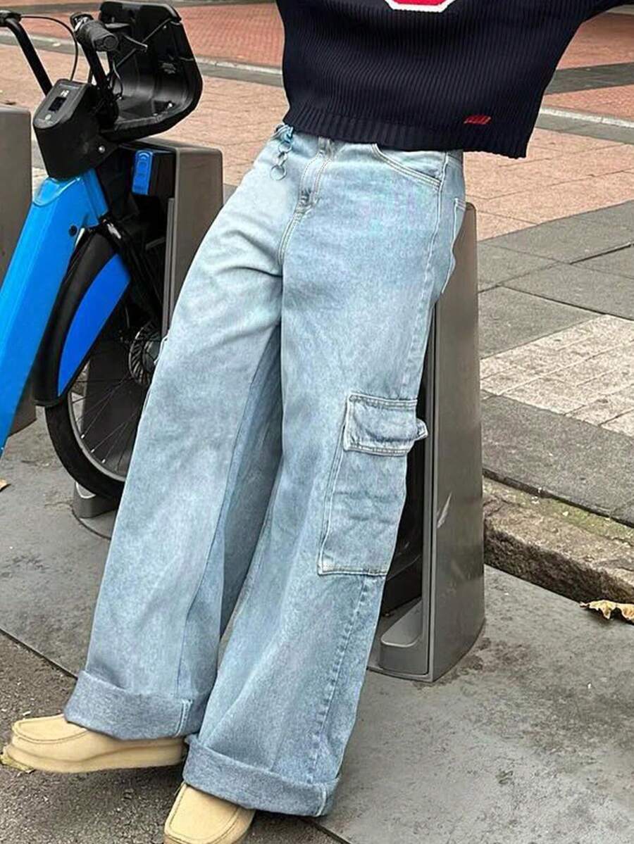 Men's Solid Blue Multi-Pocket Denim Cargo Pants - Light Wash - View 1