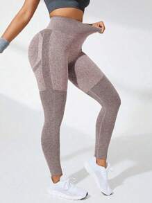 Mallas deportivas informales para mujer de unicolor sin costuras con pliegues en el trasero - Café integral - Ver 6