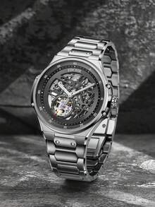 1 Đồng hồ cơ rỗng bằng thép không gỉ phong cách công nghiệp thường ngày dành cho nam - Xám - Xem 2