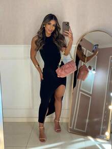 Boat Neck Summer Max Midi Dress With Thigh Slit Tricot Modal - màu đen - Xem 2