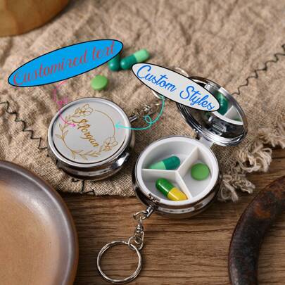 Personalisierte tragbare Pillenbox, versiegelter feuchtigkeitsgeschützter Aufbewahrungsbox für Zuhause, individualisierte kompakte wasserdichte Metall Mini-Medizinflasche mit Schlüsselanhänger, tragbare personalisierte Metall Pillenbox, passt in Geldbörse oder Tasche, kleine runde Pillenbox oder Vitamine, Fischöl, Nahrungsergänzungsmittel, Tabletten für Reisegeschenke, Organizer für Medikamente für Reisen, Outdoor-Arbeit, usw.