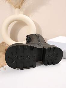 Brown Retro Thick Heel Platform  Boots For Women 2024 Spring Autumn Slimming Elevator Mid-Calf Boots - Black - View 8