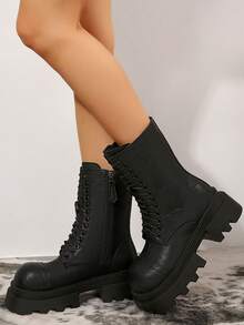 Brown Retro Thick Heel Platform  Boots For Women 2024 Spring Autumn Slimming Elevator Mid-Calf Boots - Black - View 6