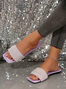 Plus Size Luxury Anti-Slip Square-Toe Rhinestone & Pearl Fashion Versatile Beach Holiday Purple Women Slides Sandals Valentines - Purple - View 3