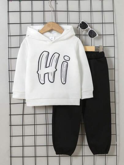 2pcs/Set Young Boys Letter Print Thermal Lined Hoodie Sweatshirt And Warm Jogger Pants Set, Fall/Winter