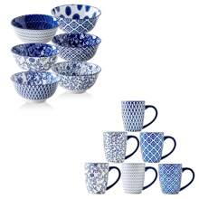 6 Pcs / 12 Pcs Ceramic Dinnerware - 24 Oz Cereal Bowls And 16 Oz Coffee Mugs Sets - Service For 6 - Valentine's Day, Christmas, Parties, Weddings, Housewarming - Vintage Blue - 藍白色 - 查看 1