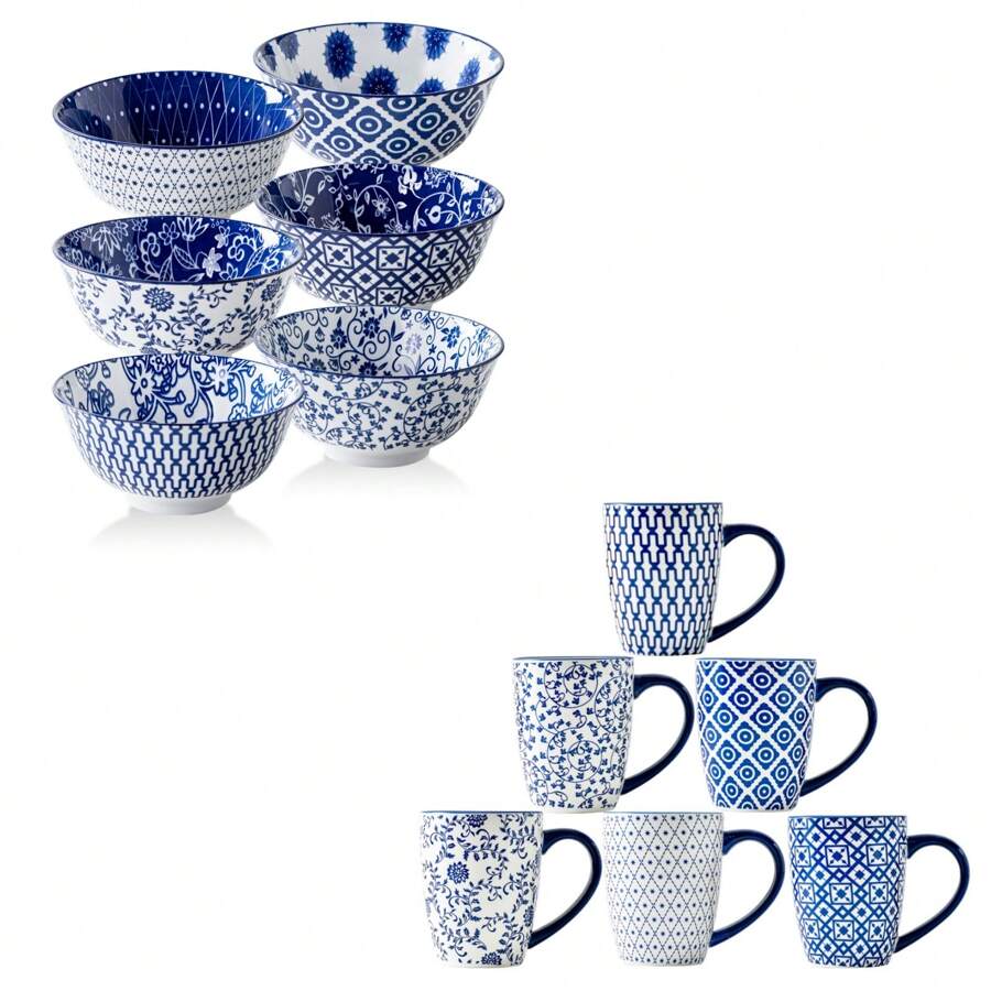 6 Pcs / 12 Pcs Ceramic Dinnerware - 24 Oz Cereal Bowls And 16 Oz Coffee Mugs Sets - Service For 6 - Valentine's Day, Christmas, Parties, Weddings, Housewarming - Vintage Blue - 藍白色 - 查看 1