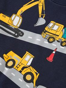 年轻男孩长袖运动衫，卡通挖掘机印花，时尚秋冬风格