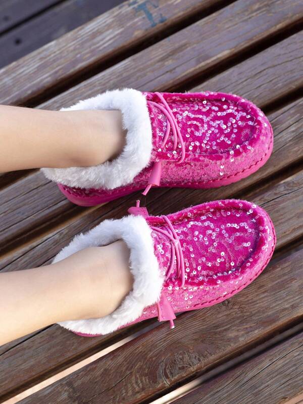 1 par de zapatillas casuales tipo slip-on para niña con brillo y lentejuelas, forradas de térmico y cálidas, de suela suelta, adecuadas para la calle, uso diario y exterior, para la temporada de otoño/invierno, tienden a ser talla grande pequeñas de talla