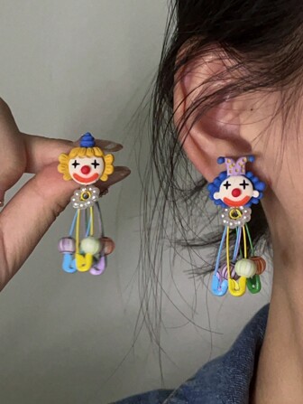 1 对卡通马戏团小丑耳钉，万圣节耳环，糖果色酷炫趣味，适合女士派对、日常通勤