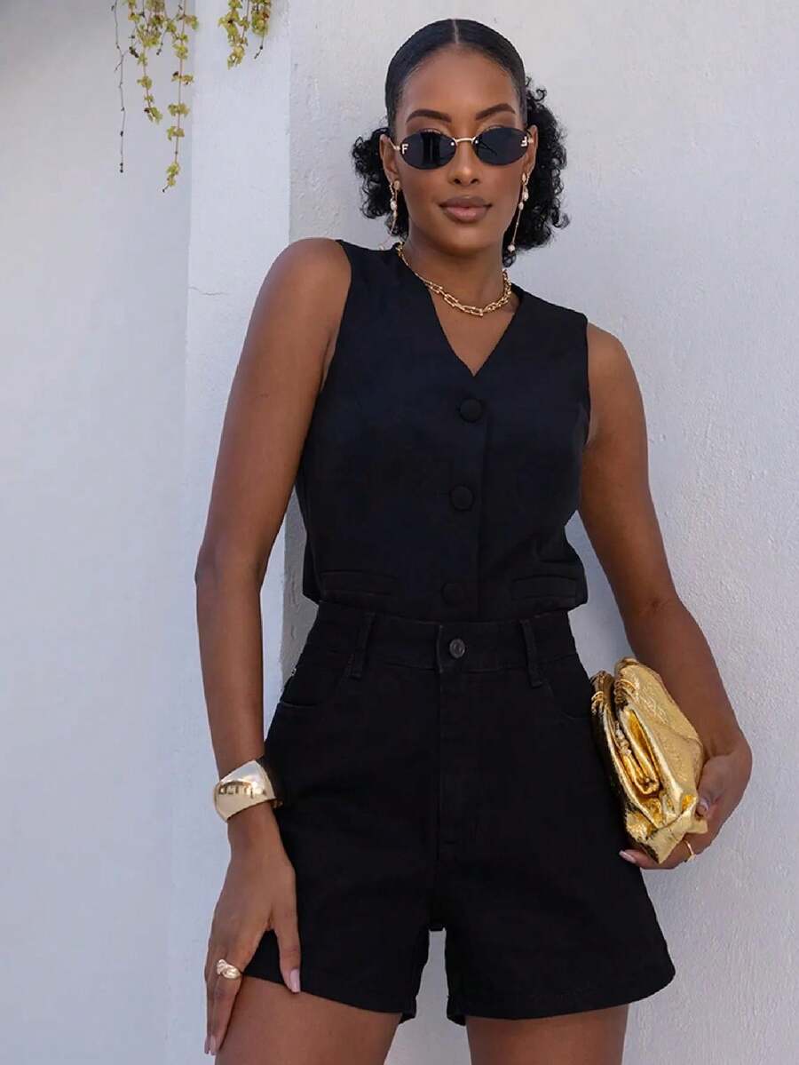 Women's High Waisted Basic Mom Jean Shorts - màu đen - Xem 1