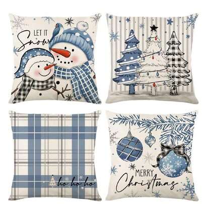 4 件亚麻圣诞枕套，蓝白格子雪人雪花圣诞球图案抱枕套靠垫套，圣诞装饰，圣诞派对用品，圣诞礼物，圣诞装饰，家居装饰，圣诞节