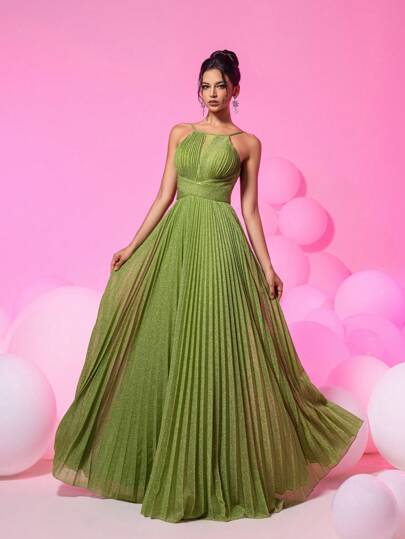 Kexmon Green Halter Neck Elegant Pleated Dress, Formal Evening Prom Gown, For Wedding Guest, Graduation, Dinner Party Dress