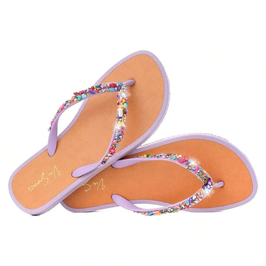 Women's Embroidered Flip Flops With Rhinestones Soft And Delicate Flat Beach And Pool Sandal - 丁香色 - 查看 1