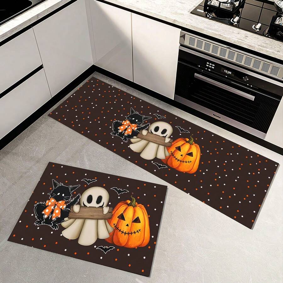 Kitchen Rug Set - 1 Piece Non-Slip Machine Washable Polyester Hallway Runner And Mat For Kitchen, Bathroom, Bedroom, Living Room - Indoor/Outdoor Decor Ghost And Pumpkin Design - Multicolor - View 1