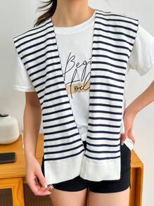 1 件女士时尚条纹图案披肩印花披肩返校配饰女士