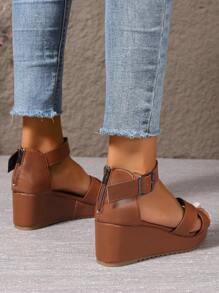 女士高跟水晶装饰透明坡跟凉鞋，时尚性感带扣细节水钻露趾高跟鞋 - 棕色 - 查看 5