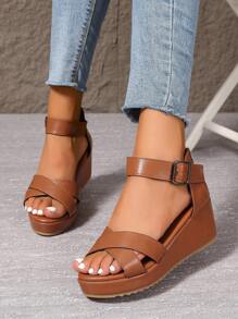 女士高跟水晶装饰透明坡跟凉鞋，时尚性感带扣细节水钻露趾高跟鞋 - 棕色 - 查看 3