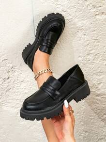 女士黑色圆头休闲软底厚底乐福鞋、厚底鞋、英伦风厚底小皮鞋 - 黑色 - 查看 1