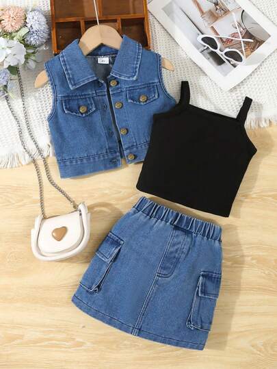 Young Girl Spring/Summer Washed Denim Vest Jacket With Pockets And Knitted Black Ribbed Tank Top, Skirt Three-Piece Set