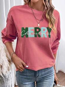 草莓粉色圣诞快乐雪尼尔刺绣绳褶落肩运动衫，长袖上衣
