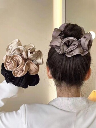 1pc/3pcs Elegant Satin Large Scrunchies With Ruffle Trim, Soft & Stretchy Hair Ties For Bun, Ponytail, Everyday Use Scrunchy Hair Ties, Casual Hair Accessories