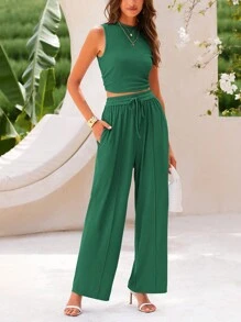 Women Summer 2 Piece Outfits Ribbed Knit Crew Neck Sleeveless Cropped Top Elastic Waist Wide Leg Pants - 綠色 - 查看 4
