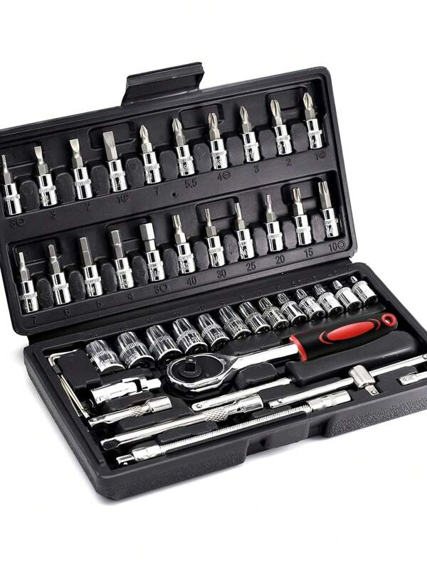 STONEGO 1 set (46 pièces) Ensemble d'outils de réparation automobile mécanique, comprenant une clé à douille, une boîte à outils, 1 set de quincaillerie, une clé à cliquet rapide en acier chrome vanadium, des outils multifonctions de réparation à domicile