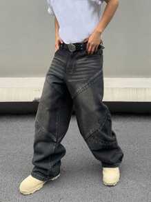 Men's Casual  Wide-Leg Baggy Jeans With Pockets - Black - View 4