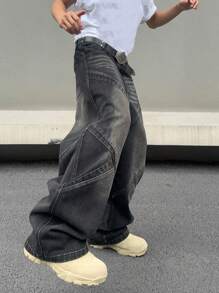 Men's Casual  Wide-Leg Baggy Jeans With Pockets - Black - View 1