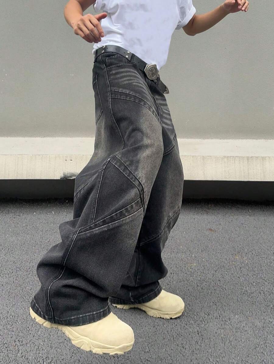 Men's Casual  Wide-Leg Baggy Jeans With Pockets - Black - View 1