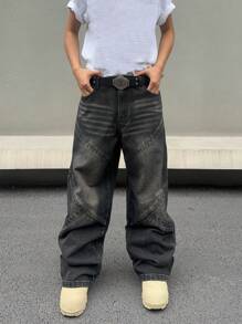 Men's Casual  Wide-Leg Baggy Jeans With Pockets - Black - View 5