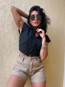 SJD MODA LADY Women's Denim Shorts Simple Casual Twill Elastic Waist - Màu be - Xem 3