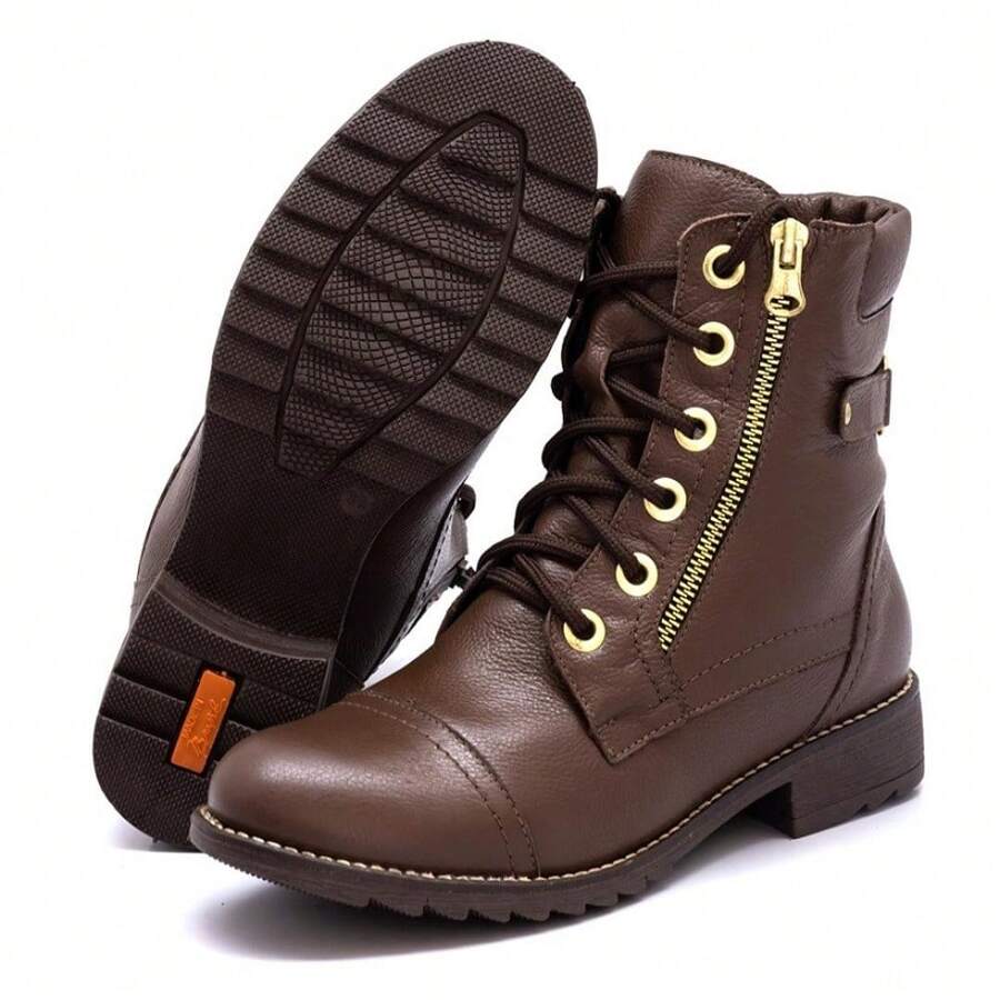 Women's Leather Ankle Boots With Side Zipper And Non-Slip Sole - 鏽棕色 - 查看 1