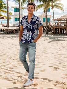 Hombres Camisa Con Estampado Tropical De Manga Corta Con Estampado De Plantas Para Hombre - Agua verde azul - Ver 2