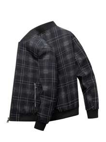 New Men Plaid Varsity Jacket, Baseball Collar, High-Quality, Men's Outerwear - Black - View 1