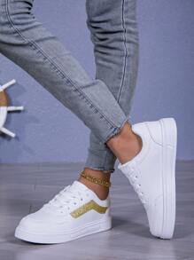 Women's Classic Casual Sports Skateboard Shoes, Student Fashion Outdoor Sneakers - Gold - View 6