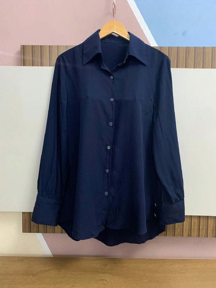 Women's Swallowtail Hem Long Sleeve Tuxedo Shirt 3738# - Màu xanh hải quân - Xem 1