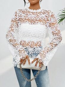 Lace Blouse Gripir High Princess Collar Long Flare Sleeve Summer Fashion - trắng - Xem 4