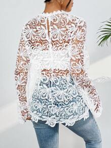 Lace Blouse Gripir High Princess Collar Long Flare Sleeve Summer Fashion - trắng - Xem 6
