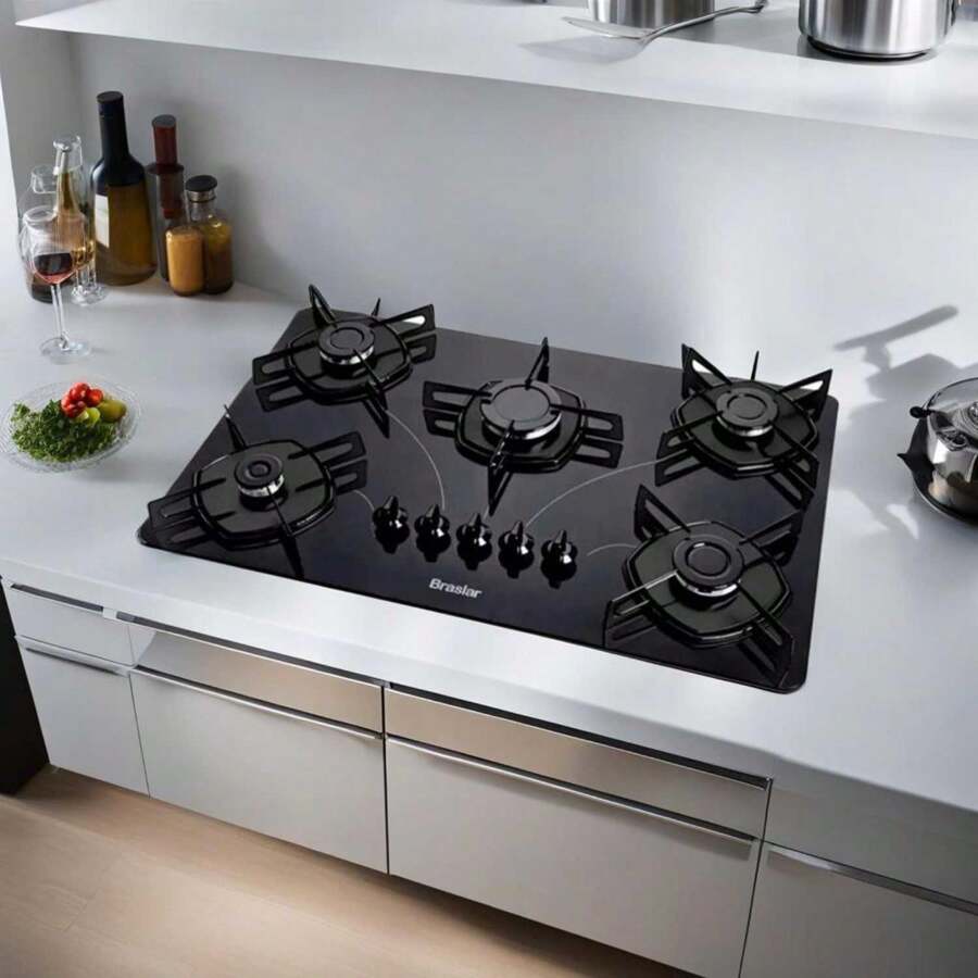 Fogão Mesa Vidro Resistente Cooktop 5 Bocas Gás Ultra Chama 127v/220v Bivolt - Preto - Visão 1