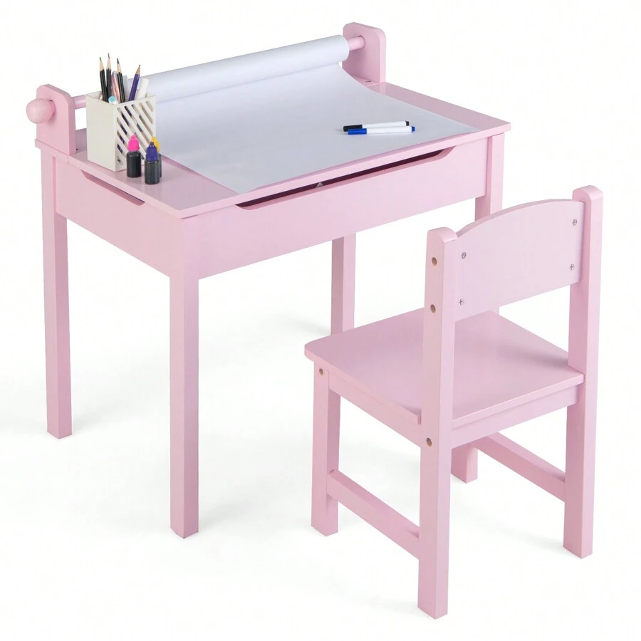 Kids Desk And Chair Set Wooden Toddler Craft Table Lift-Top WIth Paper Roll Pink - Pink - View 1