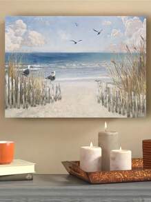 1 张带框帆布墙艺术海报，描绘宁静的海滩场景，有海鸥、温柔的海浪和宁静的天空，非常适合为任何房间增添海岸魅力和宁静，可直接悬挂 - 彩色 - 查看 3