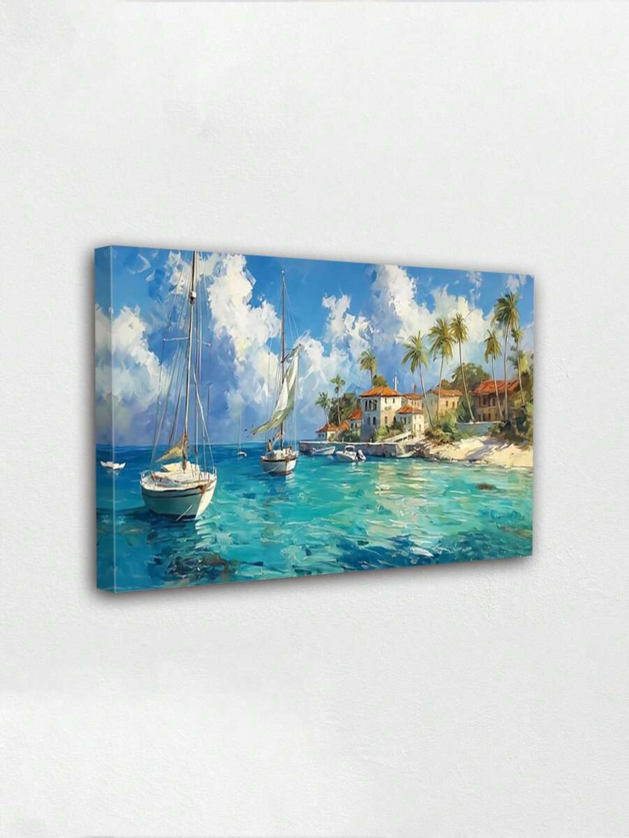 1 张带框帆布墙艺术海报，宁静的海岸风光，帆船和湛蓝的海水，实木框架，完美适合宁静的海滨风格空间，可直接悬挂 - 彩色 - 查看 1