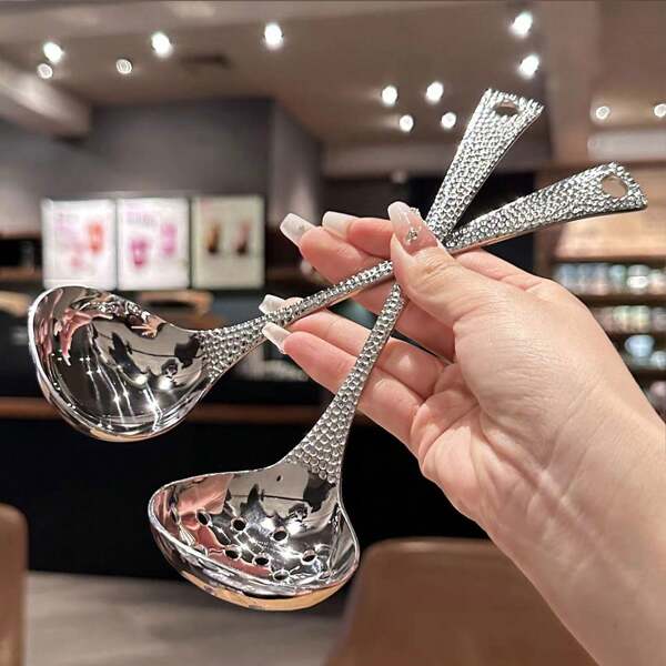 1-6pcs Stainless Steel Hammer Texture Ladle, Soup Spoon, Soup Strainer, Long Handle Soup Ladle, Restaurant & Home Hotpot Ladle,School Supplies