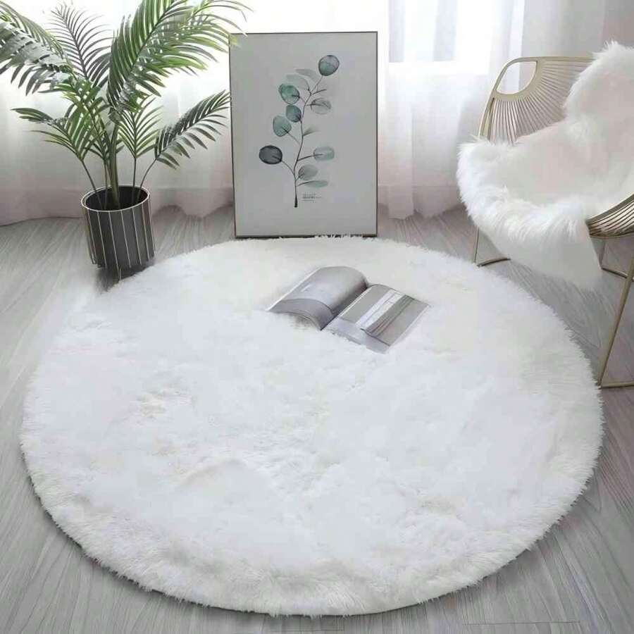 Sour Lemon Super Soft Round Fluffy Rug, Non-Slip Washable Round Rug, Cute Shaggy Round Rugs Living Room, Round Rug Bedroom, Are Rug Round, Small Carpet, Best For Bedroom, Home Decor, Room Decor, Accent - White - View 1